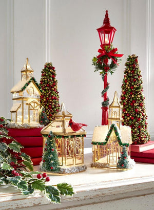 RAZ 7" Garden Pagoda w/ Cardinal Light Glass Gold Trim Christmas Figure