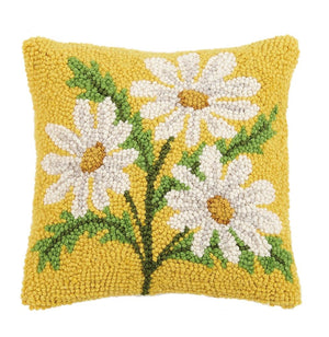 Summer White Daisy Flower on Yellow Hooked Wool 10" Square Accent Throw Pillow