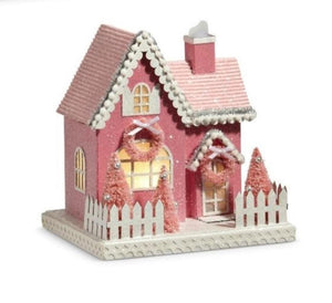 RAZ 8" Pink Hues Christmas Lighted Village Country Cottage House w/Timer