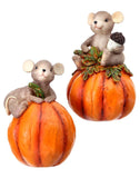 4.5" Resin Autumn Mice on Pumpkin Thanksgiving Figurine Set of 2