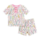 Mud Pie Kids Girls Pink Fishing Fish Lure Print 2 Pc Shorts Pajamas PJs Set