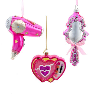 4.75" Pink Doll Hairdryer Makeup Mirror Glass Christmas Ornament Set of 3