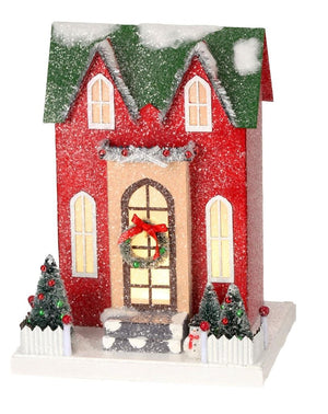 10.5" Tall Townhouse Red with Snowman Paper Putz Christmas Village House