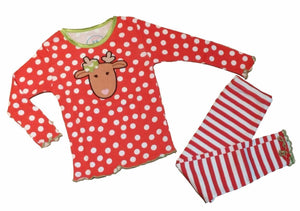 Sara's Prints Little Girls' Christmas Pajamas Dot Stripes Reindeer, Red