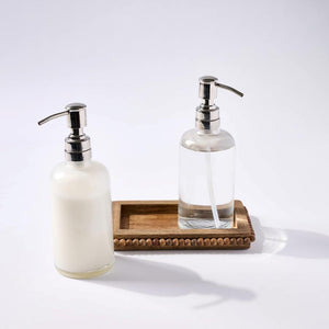 Mud Pie Home Glass Soap Lotion Pump Jars and Brown Beaded Wood Tray Set