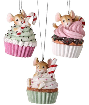 6" Mini Mice on Cupcake with Candy Christmas Ornament Set of 3