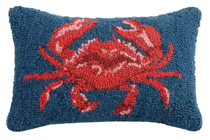 Red Beach Crab on Navy Hooked Wool Background Mini Accent Pillow
