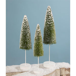 Snow Covered Skinny Olive Green Bottle Brush Trees Christmas Set of 3