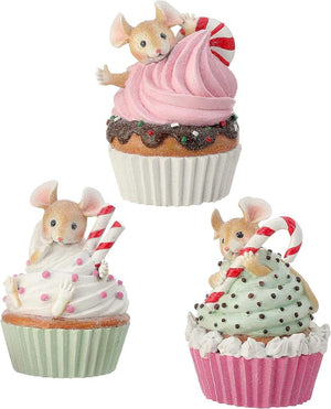 6" Mini Mice on Cupcake with Candy Christmas Figure Set of 3