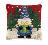 Holiday Gnome With Gift Red Christmas Hooked 10" Square Accent Throw Pillow
