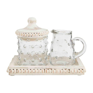 Mud Pie Home Hobnail Glass with White Wash Wood Creamer and Sugar Set