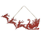 Santa and Reindeer with Sleigh Distressed Red Finish Hanging Wall Tree Decor 18" Long