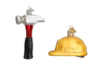 Old World Christmas Claw Hammer Carpenter Construction Helmet Christmas Ornament Set