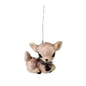 Bethany Lowe Pale Pink Fawn Baby Deer Laying Down with Tinsel Bow Christmas Ornament