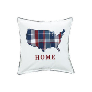 Red White Blue USA Americana Plaid Outline Applique 18" Sq Decor Throw Pillow