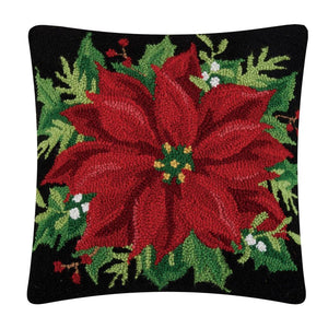 Red Poinsettia on Black Hooked Wool Christmas 18" Sq Pillow