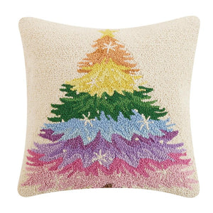 Rainbow Christmas Tree 18" Sq Hooked Wool Throw Pillow