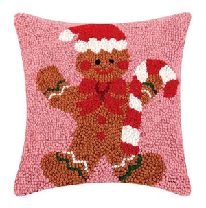 Gingerbread Man w/ Candy Cane Pink Christmas Hooked Wool Accent Pillow 10" Sq