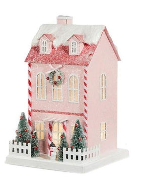 RAZ 12" Lighted Pink with Candy Cane Trim and Snowman Christmas Village House