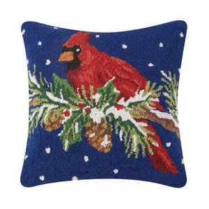 Snowy Cardinal Winter Scene Hooked Wool 16" Christmas Throw Pillow