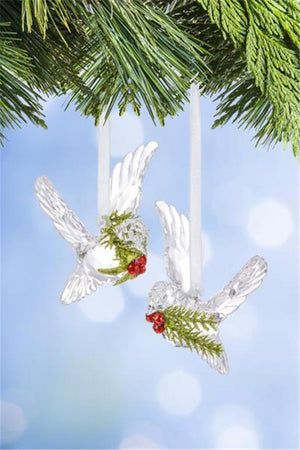 Mid West 3.75" Kissing Krystals Dove Birds with Sprigs Christmas Ornament Set of 2