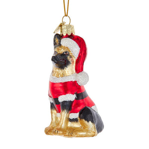 Noble Gems Glass German Shepherd Dog Christmas Ornament with Santa Hat Suit 3.5" Tall