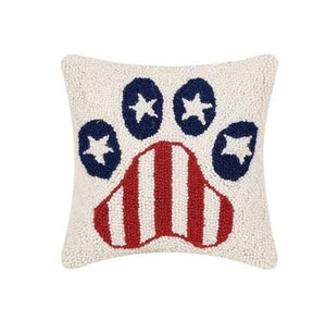 Red White Blue USA Americana Paw Print 10" Sq  Hooked Wool Accent Pillow