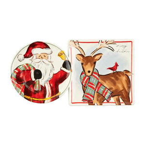 Santa and Reindeer Nested Christmas Serving Platter Dish Set of 2