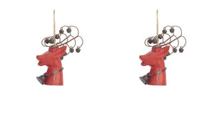 Rustic Distressed Red Painted Wood Carved Deer Rusted Bells Ornament Set of 2