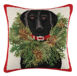 Mary Lake Thompson Black Lab Dog with Wreath 18" Sq Hooked Wool Christmas Pillow