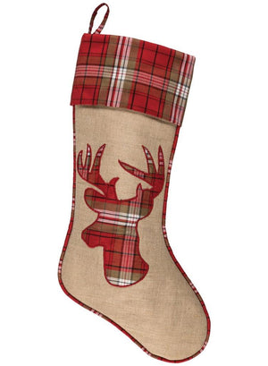 Sullivans  19" Linen Burlap and Plaid Christmas Stocking Stag Reindeer Applique