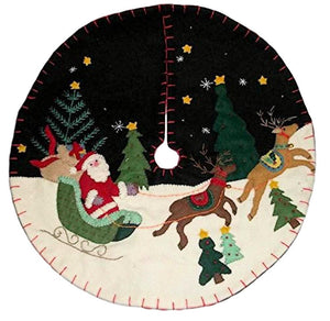 Hand Appliqued Santa in Sleigh Reindeer Felt Christmas Tabletop Tree Skirt