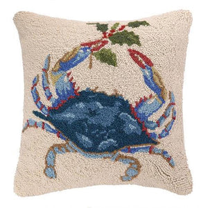 Nautical Christmas Blue Crab w/Holly Hooked Wool Decor Pillow 18" Sq