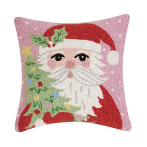 Santa Claus Christmas Ornament on Black 16" Sq Hooked Wool Throw Pillow