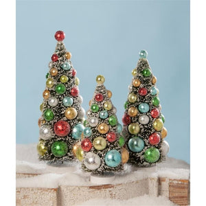 9", 11", and 13" Green Bottle Brush Tree Set with Bright Color Balls