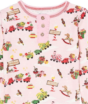 Mud Pie Kids Santa's North Pole Toyland Print Pink Christmas 2 Pc Pajama Set