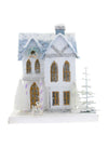 White and Blue 11" Christmas Village Mill House with Dog