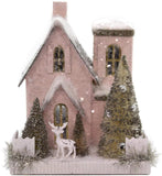Cody Foster 7" Petite Pink Christmas Mantel Village House with Deer and Tree