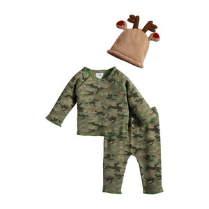 Mud Pie Kids Camo Camouflage 3 Pc Baby Set Waffle Weave Reindeer Knit Hat