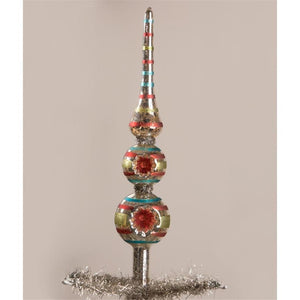 Merry and Bright Silver Colorful Stripe Indent Finial Glass Christmas Tree Topper