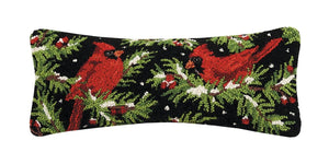 Cardinals on Holly Pine Bough Branch 8" x 20" Lumbar Hooked Wool Christmas Pillow