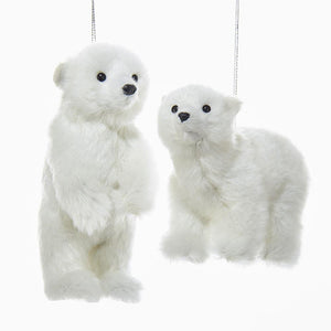 Plush Furry Polar Bear White Animal Christmas Ornaments 4" Set of 2
