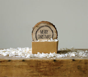 4" Wood Slice Drink Coaster wtih "Merry Christmas" Wreath Design-Set of 4