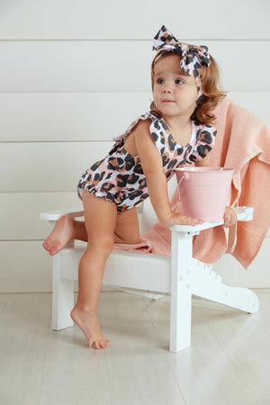 Leopard Print and Pink Girls 1 Pc Swimsuit and Headband Set