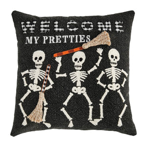 WELCOME MY PRETTIES Halloween Skeleton 18" Sq Black Pillow