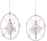 White and Silver Fairies Angels in Oval Hoop Christmas Ornament Set of 2