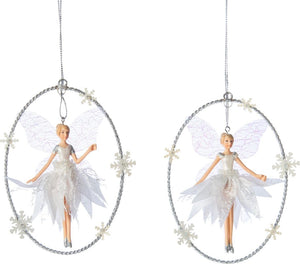 White and Silver Fairies Angels in Oval Hoop Christmas Ornament Set of 2