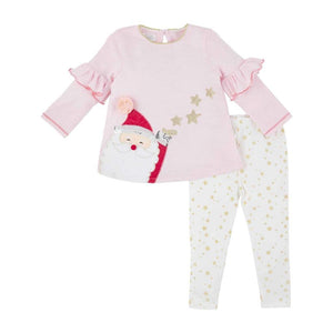 Mud Pie Kids Pink Santa Applique Tunic Christmas Top and Gold Star Print Legging Set