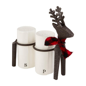 Mud Pie Home Deer Salt and Pepper Christmas Shaker Set in Cast Iron Stand