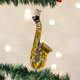 Christmas Sheet Music and Saxophone Musician Glass Christmas Carol Ornament Set